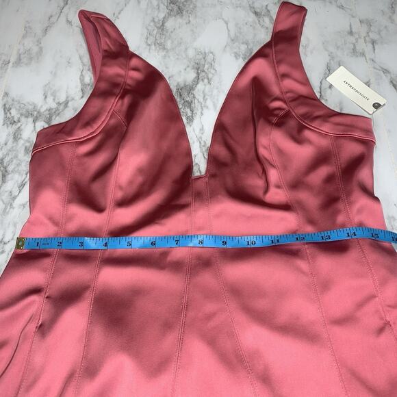 Anthropologie Sleeveless Plunge Satin Mini Dress Womens US Size 12 Pockets Pink - Picture 5 of 11